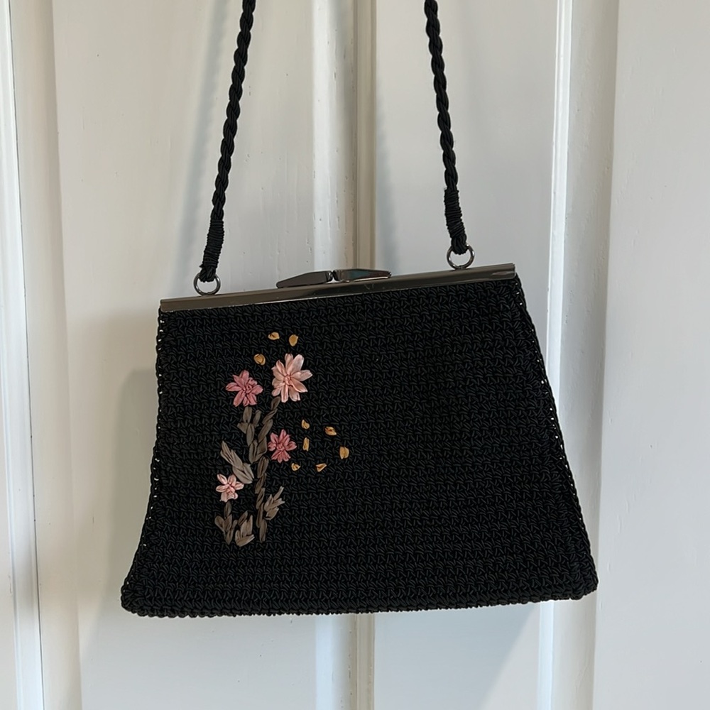 Black Floral Embroidered Women's Bag